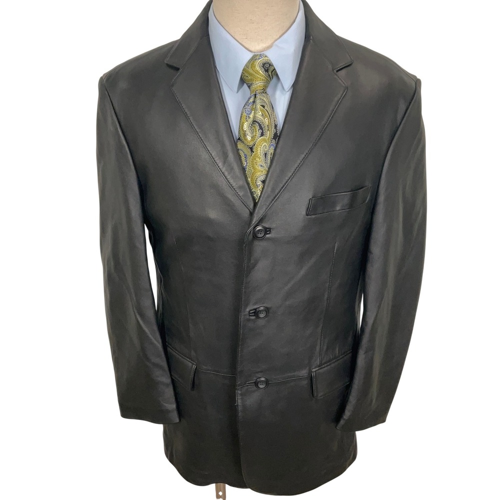 Stafford Leather Blazer Mens Medium Black 3 Button Luxury Matrix Goth Jacket